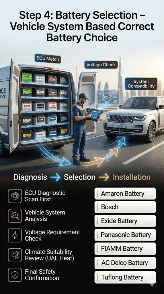 Technician selecting correct car battery based on vehicle system using ECU diagnostic scan with premium brands including Amaron, Bosch, Exide, Panasonic, FIAMM, AC Delco, and Tuflong in Dubai mobile service environment.