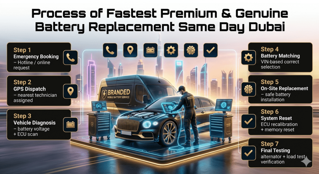 Premium infographic showing step-by-step process of mobile car battery replacement in Dubai including booking, dispatch, diagnosis, replacement, ECU reset, and final testing.