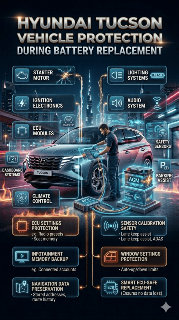 Hyundai Tucson Vehicle Protection During Battery Replacement Futuristic Hyundai Tucson battery replacement infographic showing ECU memory protection, infotainment data preservation, navigation system backup, sensor calibration, and smart vehicle protection during battery installation in Dubai.