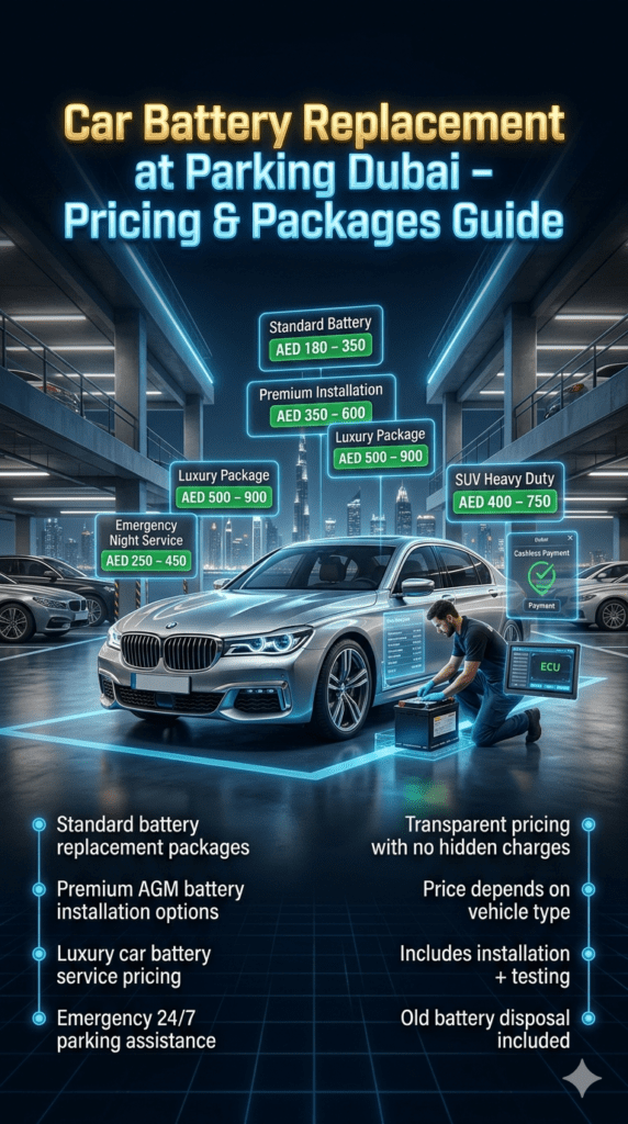 Dubai car battery replacement parking pricing infographic showing service packages, costs, and mobile installation charges for different vehicle types in UAE.
