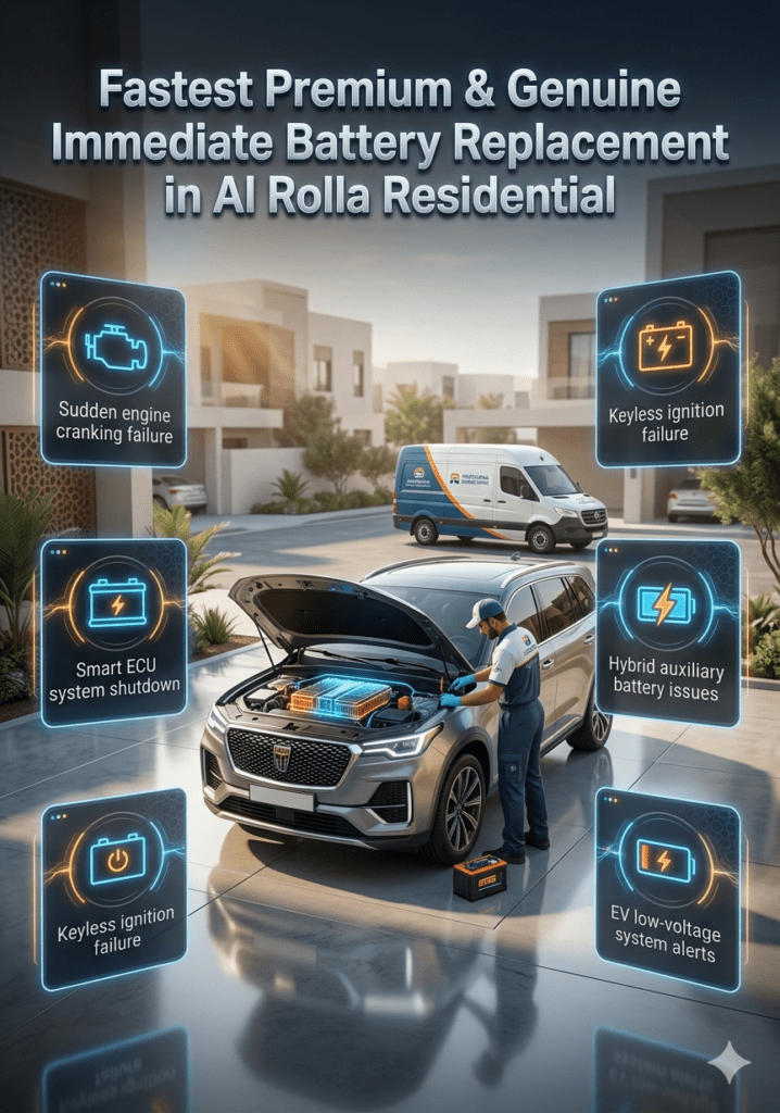 Ultra-realistic infographic showing emergency car battery replacement service in Al Rolla Residential, UAE, with luxury vehicle, mobile mechanic, and highlighted battery failure symptoms in futuristic UI style.
