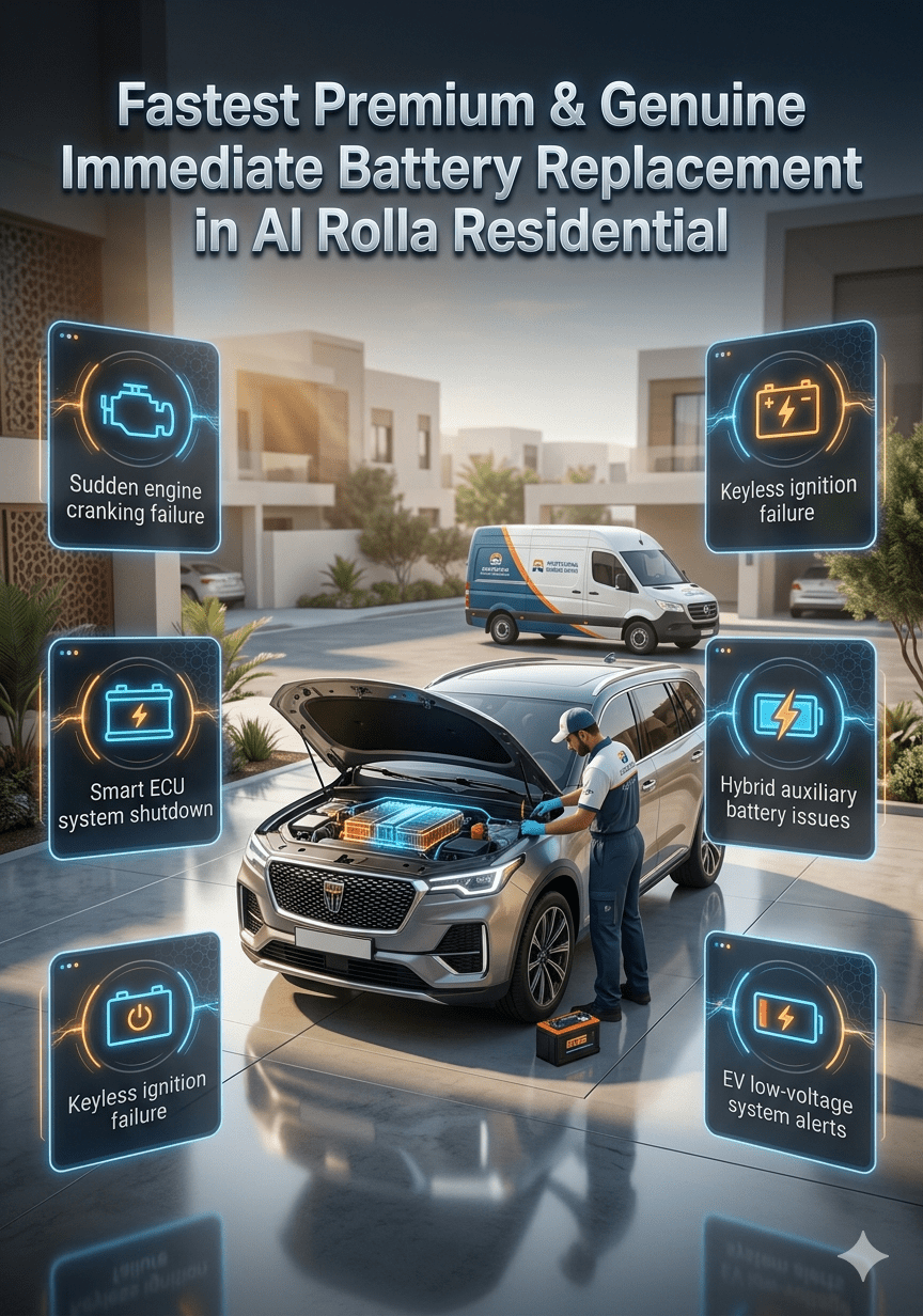 Ultra-realistic infographic showing emergency car battery replacement service in Al Rolla Residential, UAE, with luxury vehicle, mobile mechanic, and highlighted battery failure symptoms in futuristic UI style.