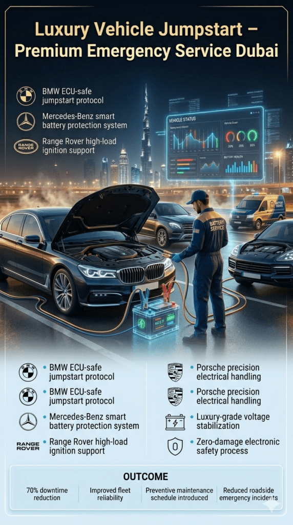 Luxury vehicle jumpstart service in Dubai showing BMW, Mercedes, Range Rover, and Porsche being safely restarted by professional technician using advanced ECU-safe roadside equipment.