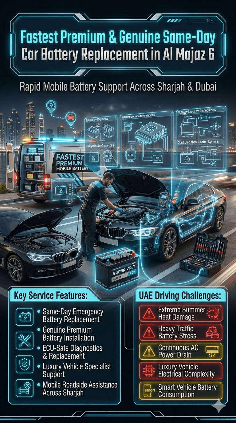 Same-day luxury car battery replacement service in Al Majaz 6 showing BMW and Mercedes roadside AGM battery installation with ECU diagnostics and mobile technician support in Sharjah UAE.