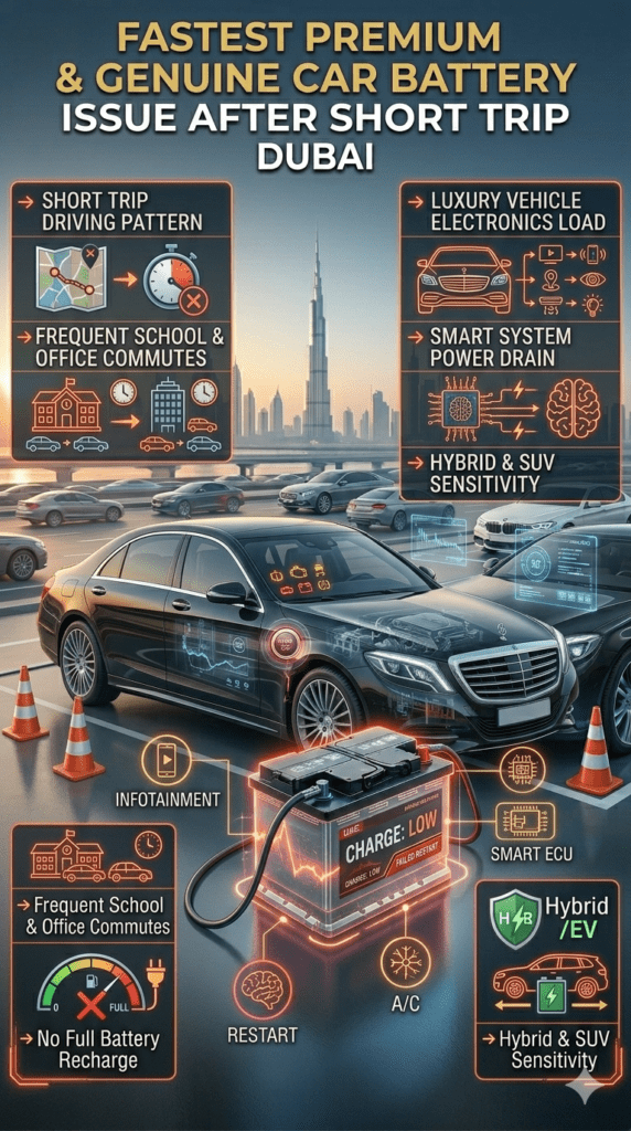 Dubai luxury car showing battery issue after short trip driving with weak restart and electronic system load in urban traffic environment.