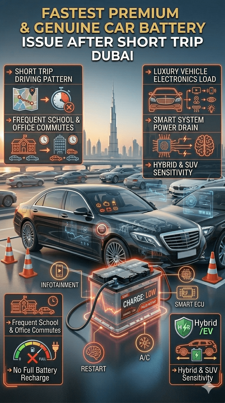 Dubai luxury car showing battery issue after short trip driving with weak restart and electronic system load in urban traffic environment.