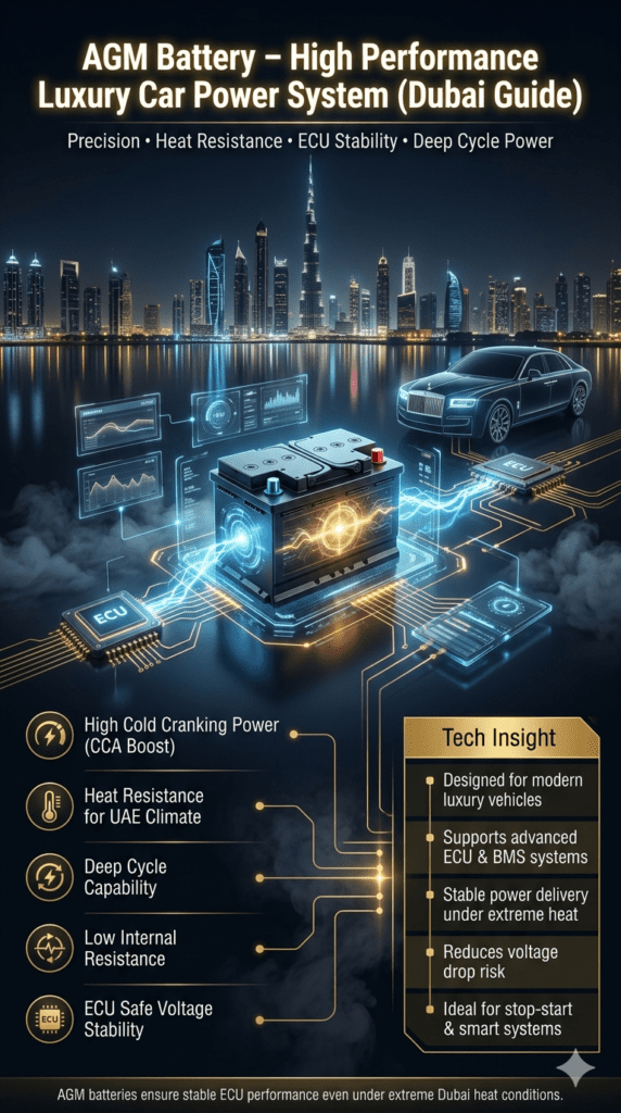 AGM Battery Features Explained – High Performance Luxury Car Power System Dubai Guide AGM battery infographic showing high cold cranking power, deep cycle capability, ECU stability, and heat resistance for luxury cars in Dubai extreme climate conditions.