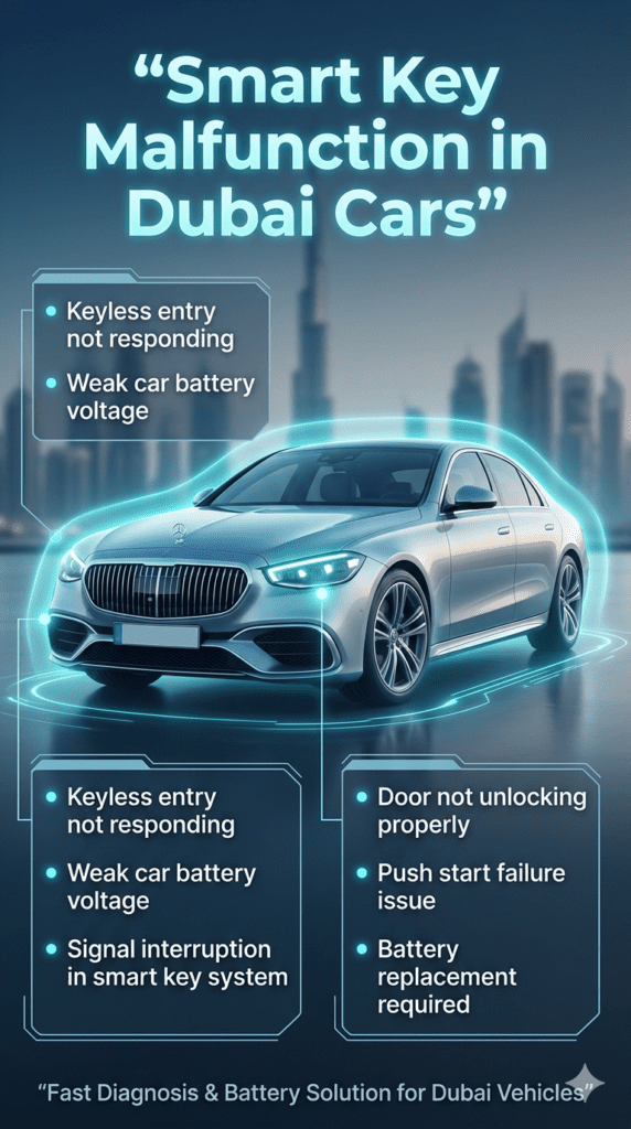 Luxury car in Dubai showing smart key malfunction due to weak battery with futuristic UI showing diagnostic points on both sides.