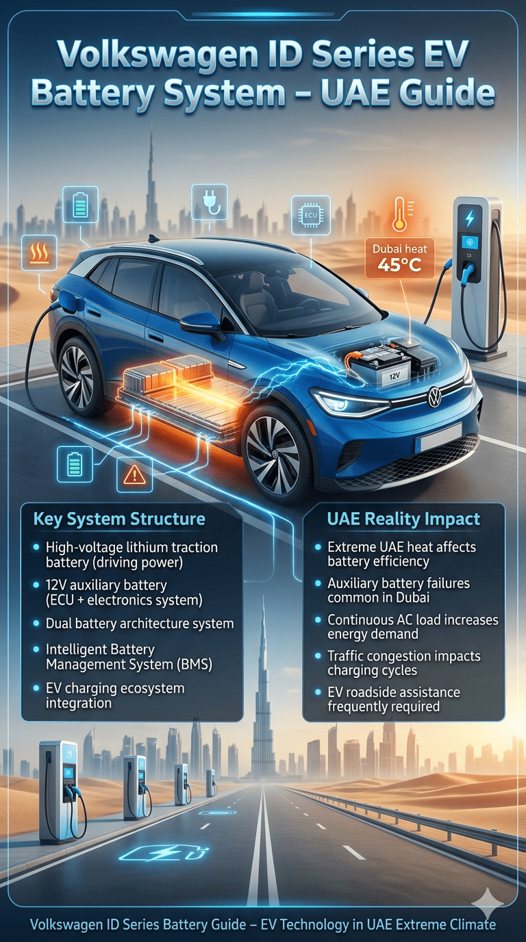 Volkswagen ID Series electric vehicle battery system infographic showing high-voltage traction battery, 12V auxiliary battery, charging system, and UAE Dubai heat impact on EV performance.