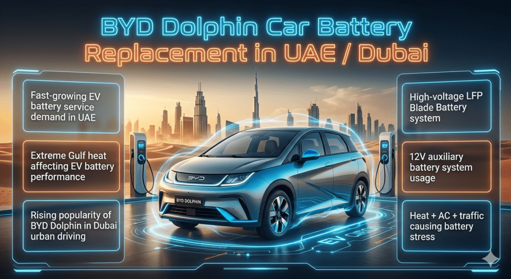Futuristic infographic showing BYD Dolphin electric car battery replacement system in UAE with Dubai skyline, EV battery types, and service information panels.