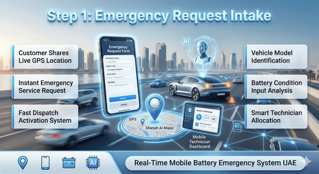 Step 1 emergency request intake infographic showing GPS location sharing, vehicle model identification, and battery symptom analysis for mobile car battery replacement service in UAE.