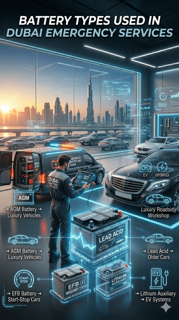 Dubai emergency battery service infographic showing different car battery types including AGM, EFB, Lead Acid, and Lithium used for luxury, standard, and EV vehicles.