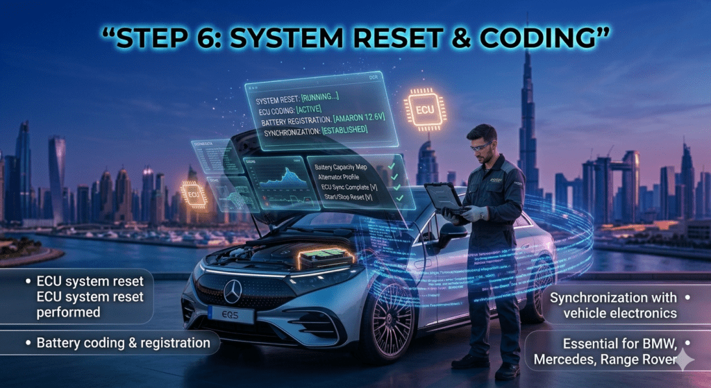 Technician performing ECU reset and battery coding on BMW Mercedes and Range Rover in Dubai using advanced diagnostic system.