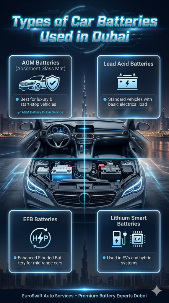 Types of Car Batteries Used in Dubai – Luxury, Standard & EV Battery Guide Infographic showing types of car batteries used in Dubai including AGM, Lead Acid, EFB, and Lithium Smart batteries for luxury, standard, and electric vehicles.