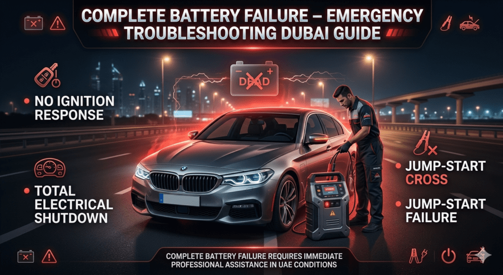 Infographic showing complete car battery failure in Dubai including no ignition response, total electrical shutdown, and jump-start failure in a luxury car roadside emergency.