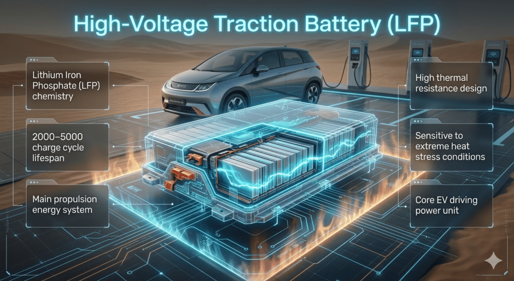 High-Voltage Traction Battery (LFP) – BYD Dolphin EV Power System Explained Infographic showing BYD Dolphin high-voltage LFP traction battery system with internal structure, lifecycle details, and EV propulsion function.