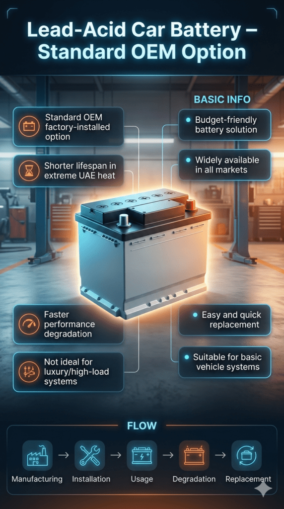 Infographic showing lead-acid car battery OEM standard type with pros, cons, and performance limitations in UAE hot climate conditions.