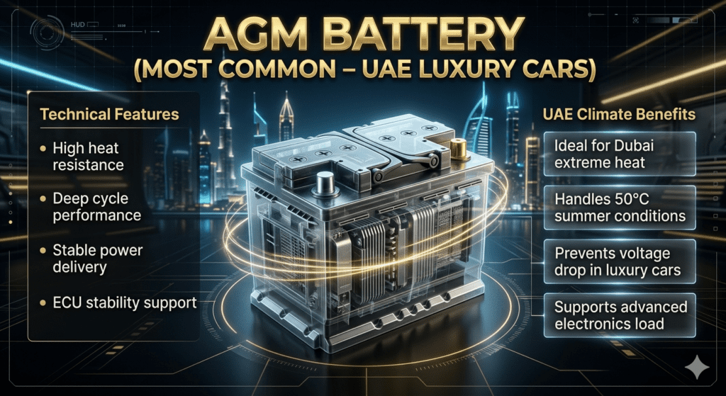Premium infographic showing AGM car battery features, heat resistance, ECU stability, and Dubai UAE climate suitability with futuristic luxury automotive design.