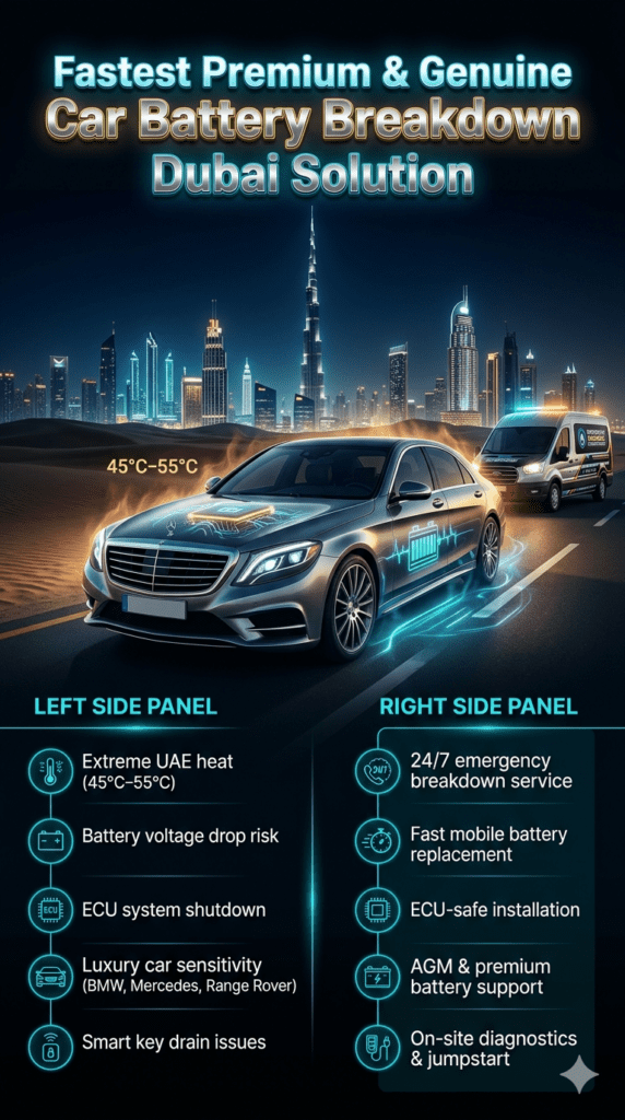 Luxury automotive infographic showing Fastest Premium & Genuine Car Battery Breakdown Dubai Solution with a central luxury car, Dubai skyline background, and side panels explaining heat-related battery problems and emergency roadside solutions.