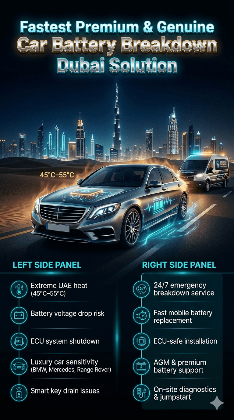 Luxury automotive infographic showing Fastest Premium & Genuine Car Battery Breakdown Dubai Solution with a central luxury car, Dubai skyline background, and side panels explaining heat-related battery problems and emergency roadside solutions.