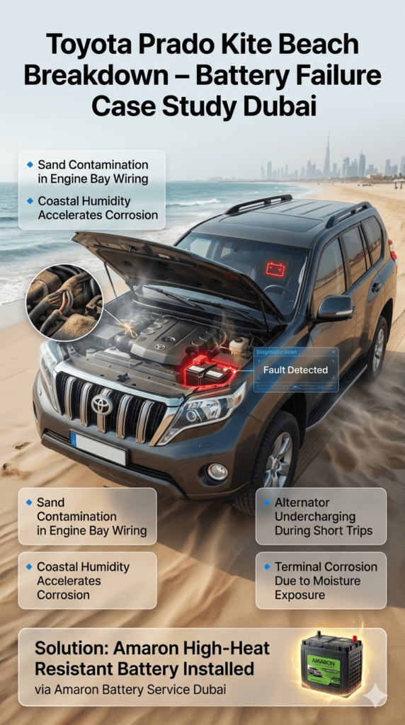 Premium automotive infographic showing Toyota Prado battery failure at Kite Beach Dubai, highlighting sand contamination, humidity corrosion, and alternator undercharging with solution using Amaron battery.