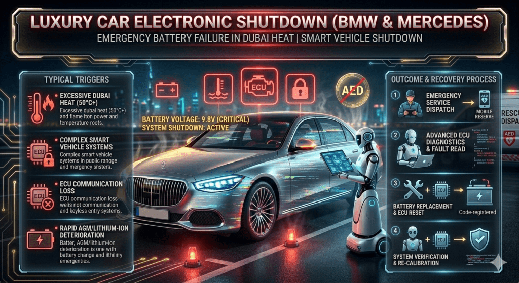 Futuristic emergency automotive infographic showing BMW and Mercedes luxury car electronic shutdown in Dubai with dark dashboard failure, warning lights, side panels listing battery drain causes and recovery process using mobile diagnostic units and ECU-safe battery replacement.