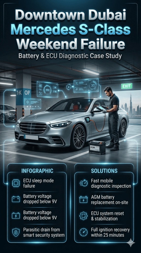 Luxury Mercedes S-Class breakdown in Dubai underground parking with ECU diagnostic and AGM battery replacement service showing weekend battery failure, voltage drop, and smart system drain issues.