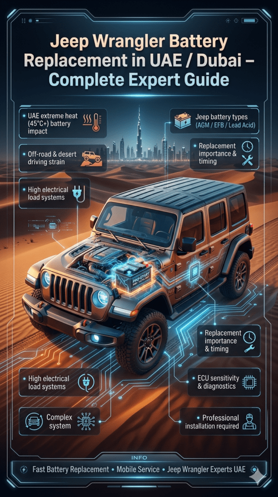 Jeep Wrangler battery replacement guide in UAE showing off-road SUV in Dubai desert with highlighted AGM battery system, heat impact, and maintenance tips in infographic style.