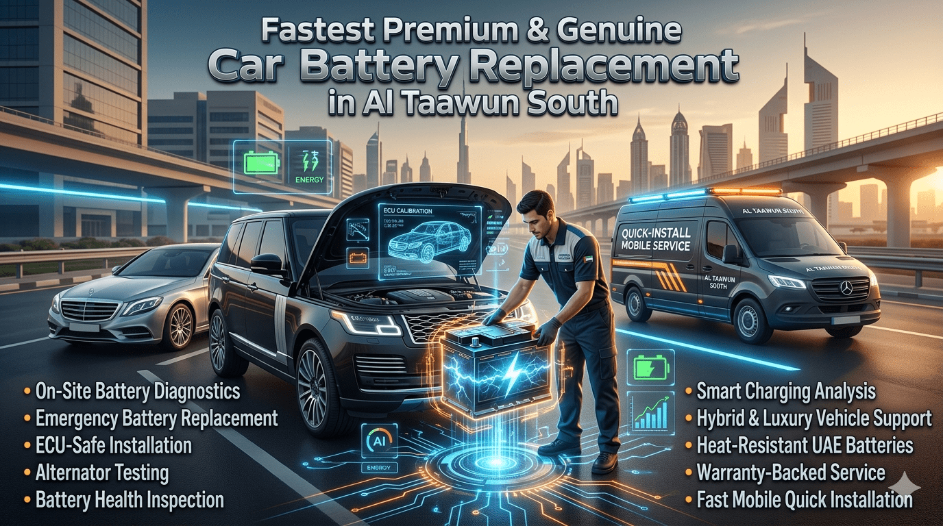 Premium mobile car battery replacement service in Al Taawun South showing luxury vehicles, professional technician, AI diagnostics, ECU-safe installation, and fast quick-install roadside battery replacement.