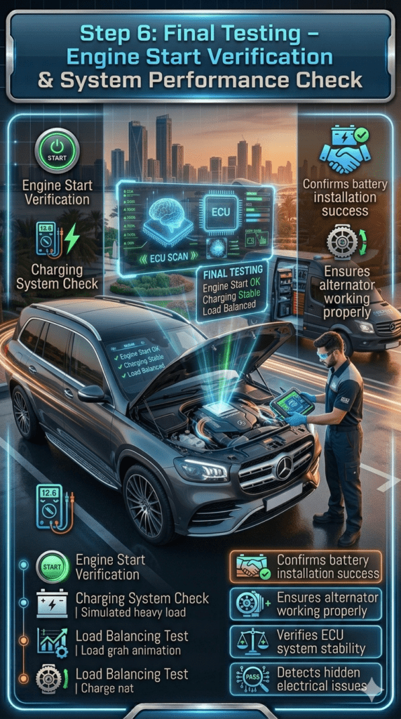 Automotive technician performing final engine start, charging system check, and load balancing test on a luxury car after battery replacement.
