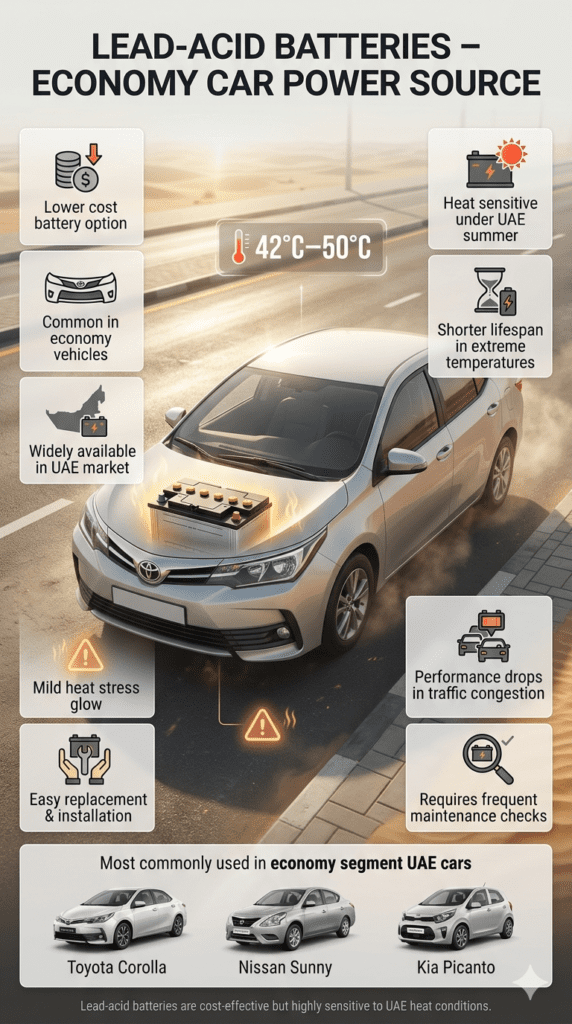 Infographic showing lead-acid car battery used in economy vehicles like Toyota Corolla and Nissan Sunny in Dubai heat, highlighting cost benefits, heat sensitivity, and performance limitations under extreme UAE summer temperatures.