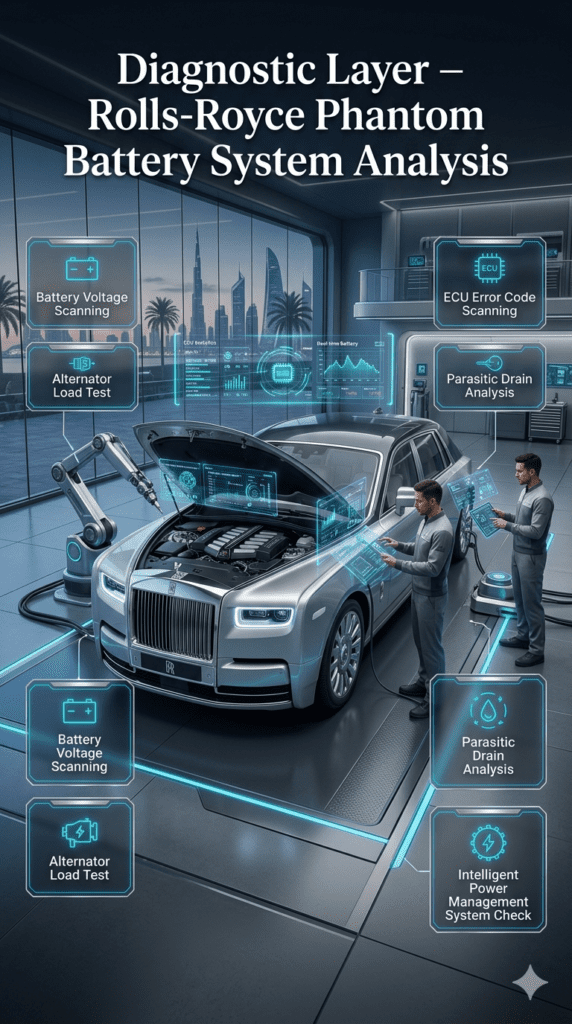 Luxury diagnostic infographic showing Rolls-Royce Phantom battery system scanning with ECU analysis and advanced automotive testing in a Dubai workshop.