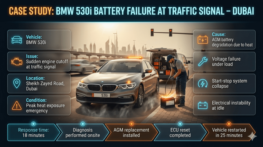 BMW 530i car battery failure at Sheikh Zayed Road traffic signal Dubai with mobile technician performing AGM battery replacement emergency service
