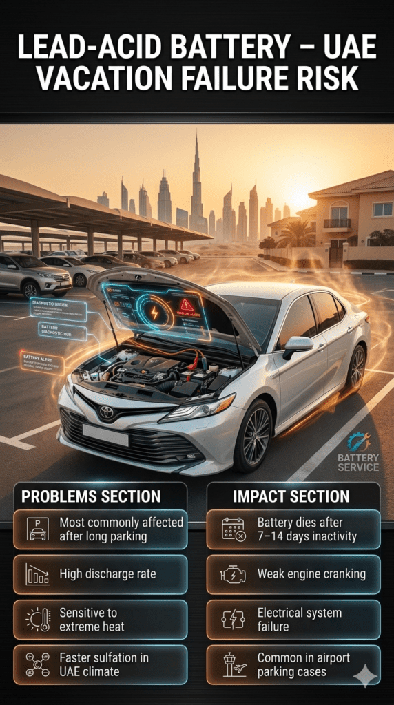 Lead-acid car battery failure infographic showing Dubai heat effects, long parking damage, and emergency roadside assistance with luxury car breakdown scene.