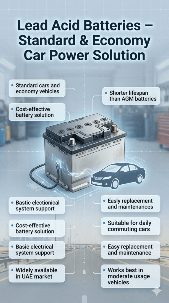 Lead acid car battery infographic showing standard economy vehicle power system, cost-effective automotive battery solution for daily driving in Dubai UAE conditions.