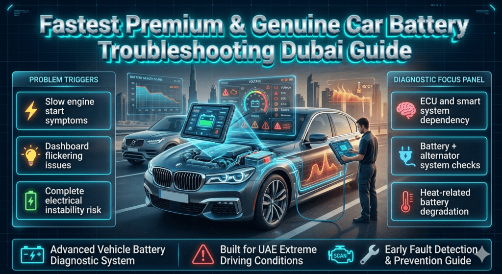 Futuristic automotive infographic showing car battery troubleshooting guide in Dubai with diagnostic scanning, voltage monitoring, and smart ECU system analysis in luxury vehicle environment.