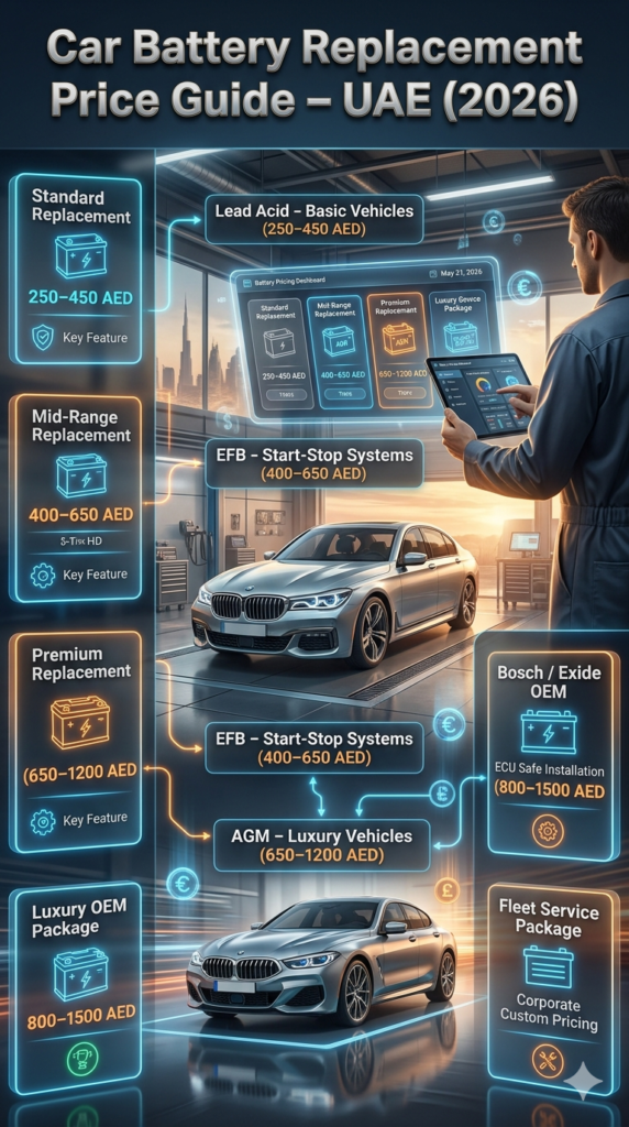 Premium Dubai car battery replacement price guide infographic showing service types, battery categories, and AED pricing for lead acid, EFB, AGM, and OEM batteries with luxury automotive workshop background.