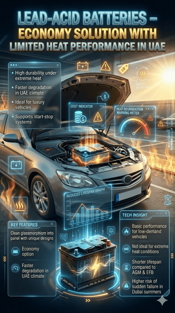 Lead-Acid Batteries – Economy Option with Limited Heat Performance in UAE Lead-acid battery infographic showing economy option with faster degradation in UAE heat conditions inside Dubai parking environment with heat warning visualization.