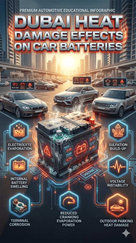 Dubai Heat Damage Effects on Car Batteries Educational Dubai heat damage infographic showing overheating car battery issues including electrolyte evaporation, swelling, corrosion, sulfation, and voltage instability in luxury vehicles parked outdoors.