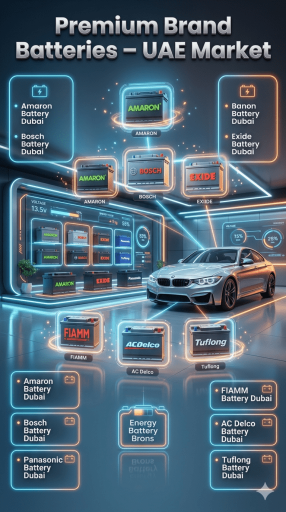 Premium UAE car battery brands infographic showing Amaron, Bosch, Exide, Panasonic, FIAMM, AC Delco, and Tuflong with luxury automotive showroom background and neon-style service highlights.