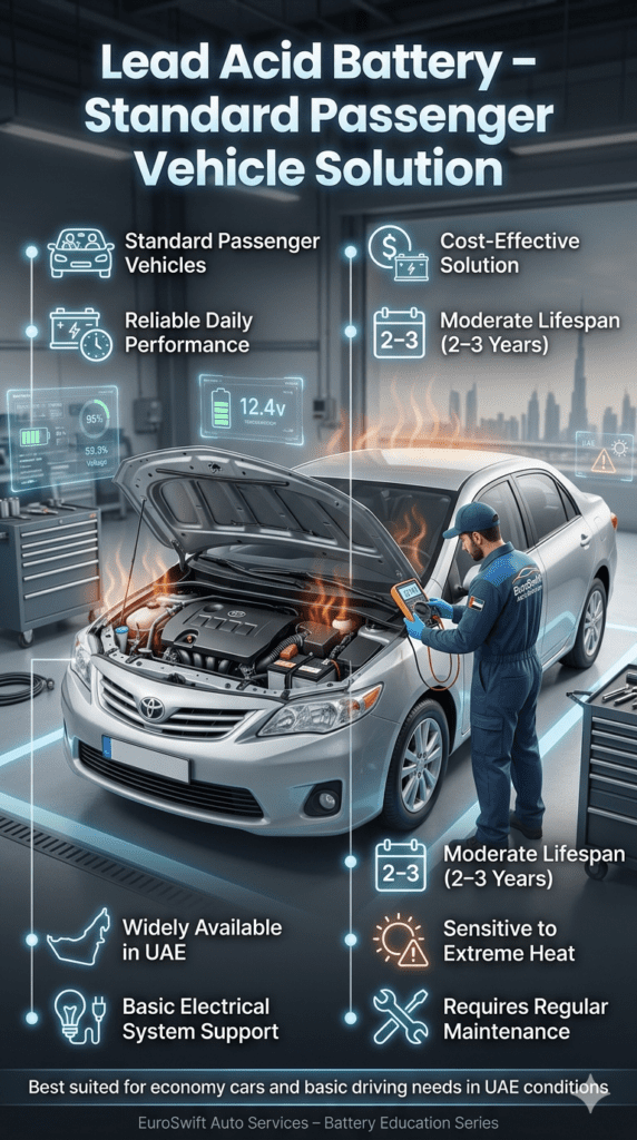 Infographic showing a lead acid car battery installed in a standard passenger vehicle with mechanic testing it, highlighting cost-effective use, moderate lifespan, and suitability for everyday cars in UAE conditions.