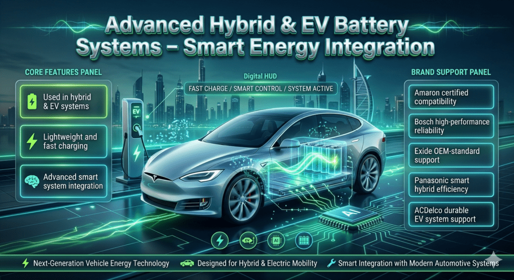 Futuristic infographic showing hybrid and EV battery systems with smart integration, fast charging technology, and premium automotive brand compatibility in Dubai.
