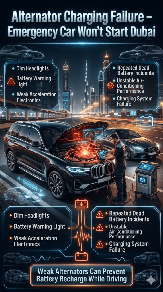 Alternator charging failure in Dubai luxury vehicles showing dim headlights, battery warning light, weak electronics, repeated dead battery issues, and AI-powered roadside diagnostics.