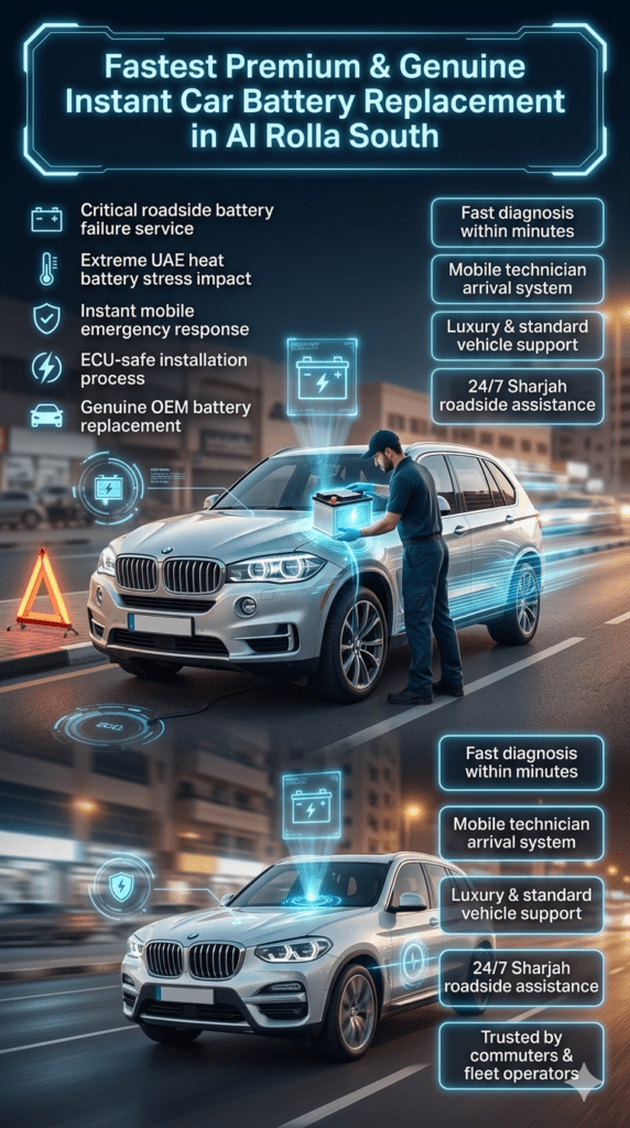 Luxury automotive roadside infographic showing instant car battery replacement service in Al Rolla South with technician installing battery in a premium vehicle under UAE heat conditions.