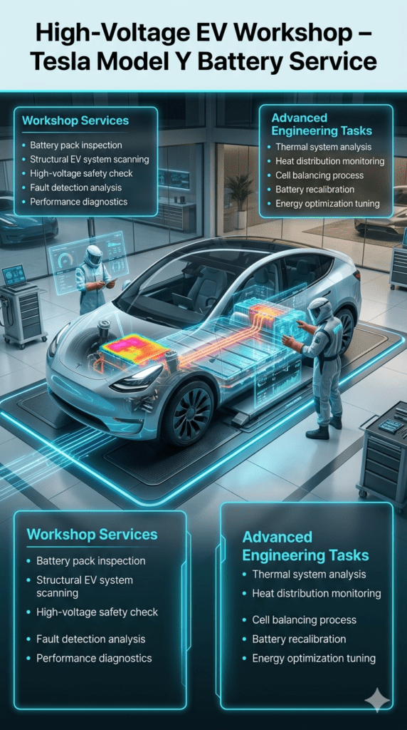 Tesla Model Y High-Voltage Workshop Battery Service β UAE EV Diagnostics Guide Tesla Model Y in futuristic EV workshop showing high-voltage battery inspection, thermal analysis, and cell balancing diagnostics.