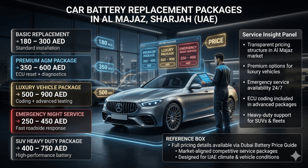 Infographic showing car battery replacement packages in Al Majaz with pricing from 180 to 900 AED including basic, premium AGM, luxury, emergency, and SUV heavy-duty options.
