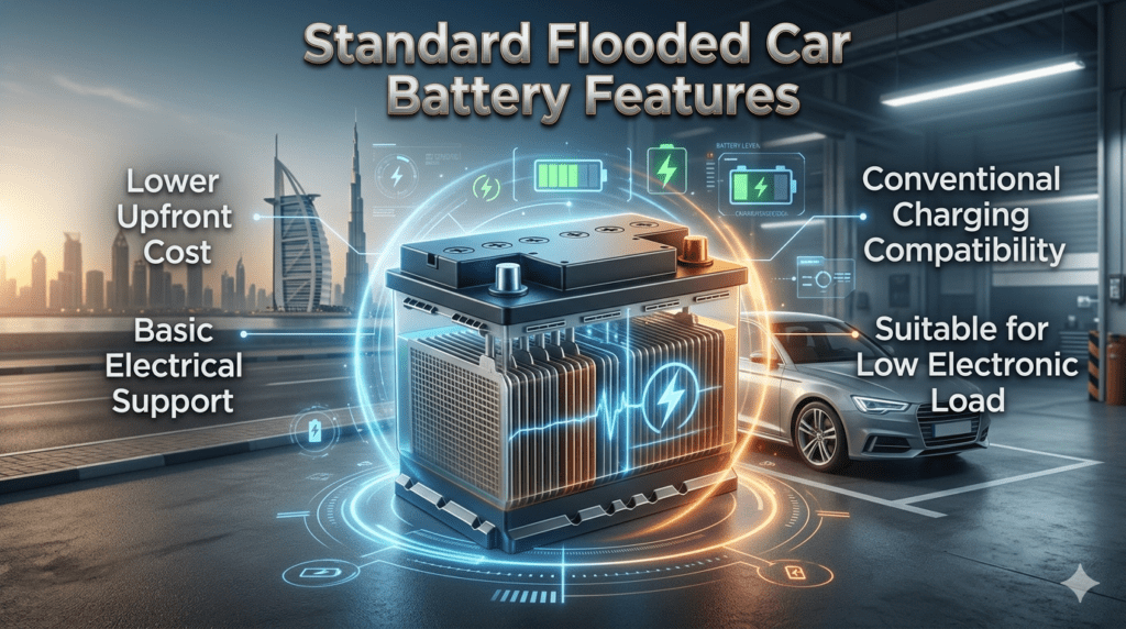 Standard flooded lead-acid car battery in Dubai showing affordable automotive battery features with charging compatibility and basic electrical support for daily vehicles.
