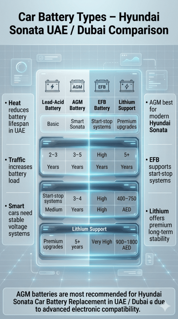 Automotive infographic showing comparison of Hyundai Sonata car battery types in UAE including Lead-Acid, AGM, EFB, and Lithium, with lifespan, heat resistance, and pricing in a futuristic dashboard layout.