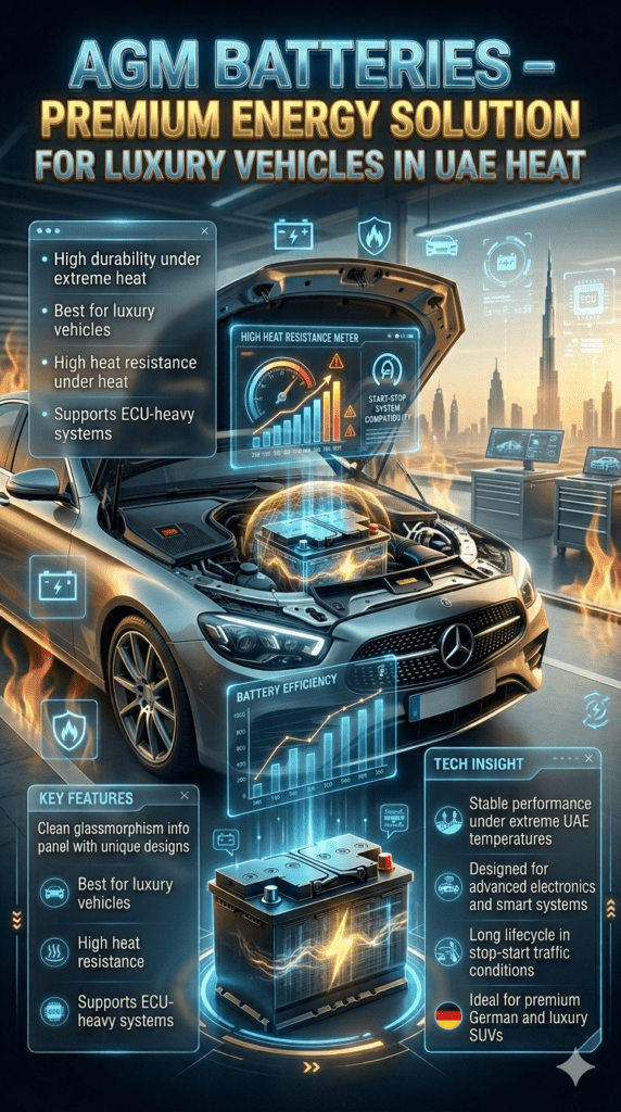 AGM battery infographic showing premium performance for luxury vehicles, high heat resistance, and ECU system support in Dubai automotive workshop.