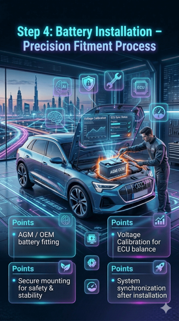 Premium infographic showing Step 4 Battery Installation for Audi Q5 in UAE, including AGM/OEM fitting, secure mounting, and voltage calibration in a luxury workshop.